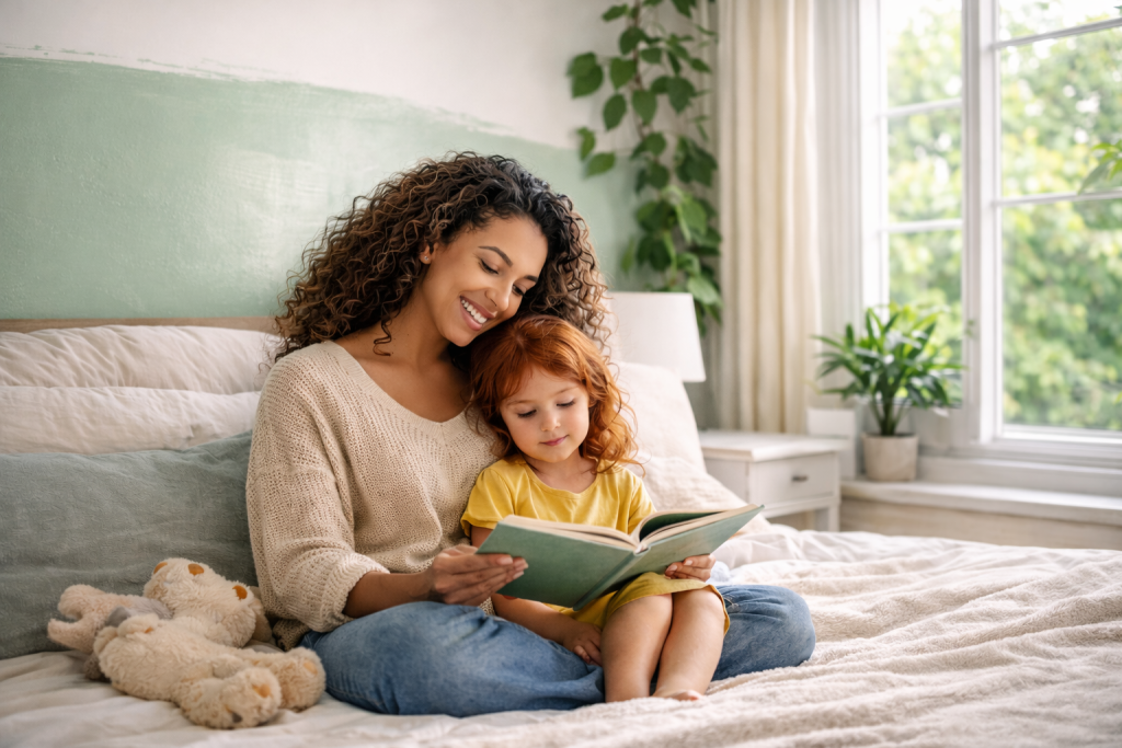 Mother reading to child in freshly painted bedroom with low-VOC interior wall paint for healthier indoor air