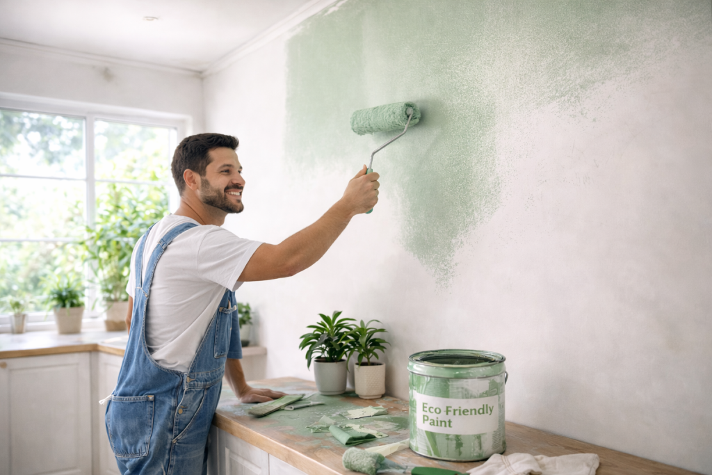 Professional painter applying eco-friendly green interior wall paint in modern kitchen renovation