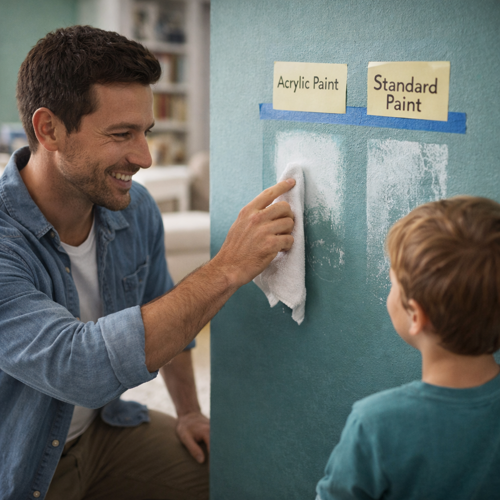 Comparing the durability of acrylic paint and standard paint on an interior wall surface