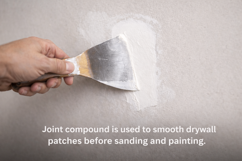 Contractor applying joint compound to drywall patch during wall repair