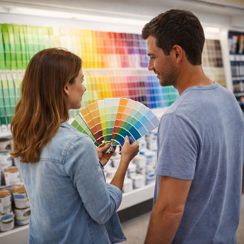 Homeowners choosing interior wall paint colors at a paint store before starting a home painting project