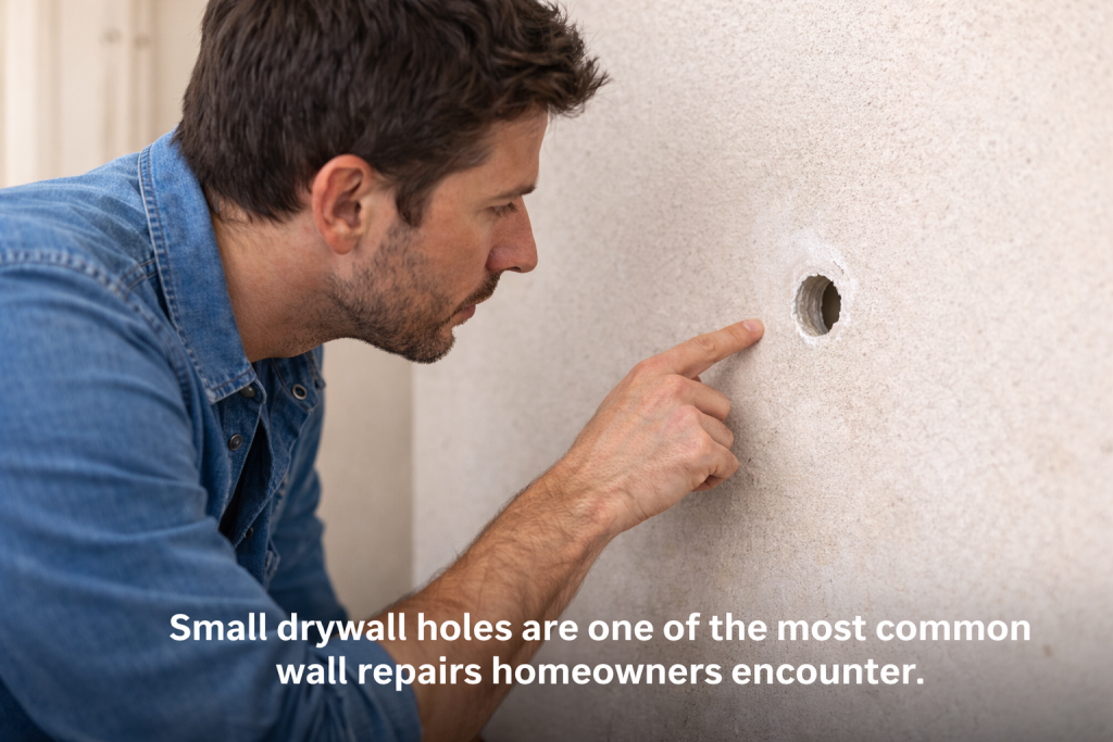 Homeowner inspecting small hole in drywall wall before repair