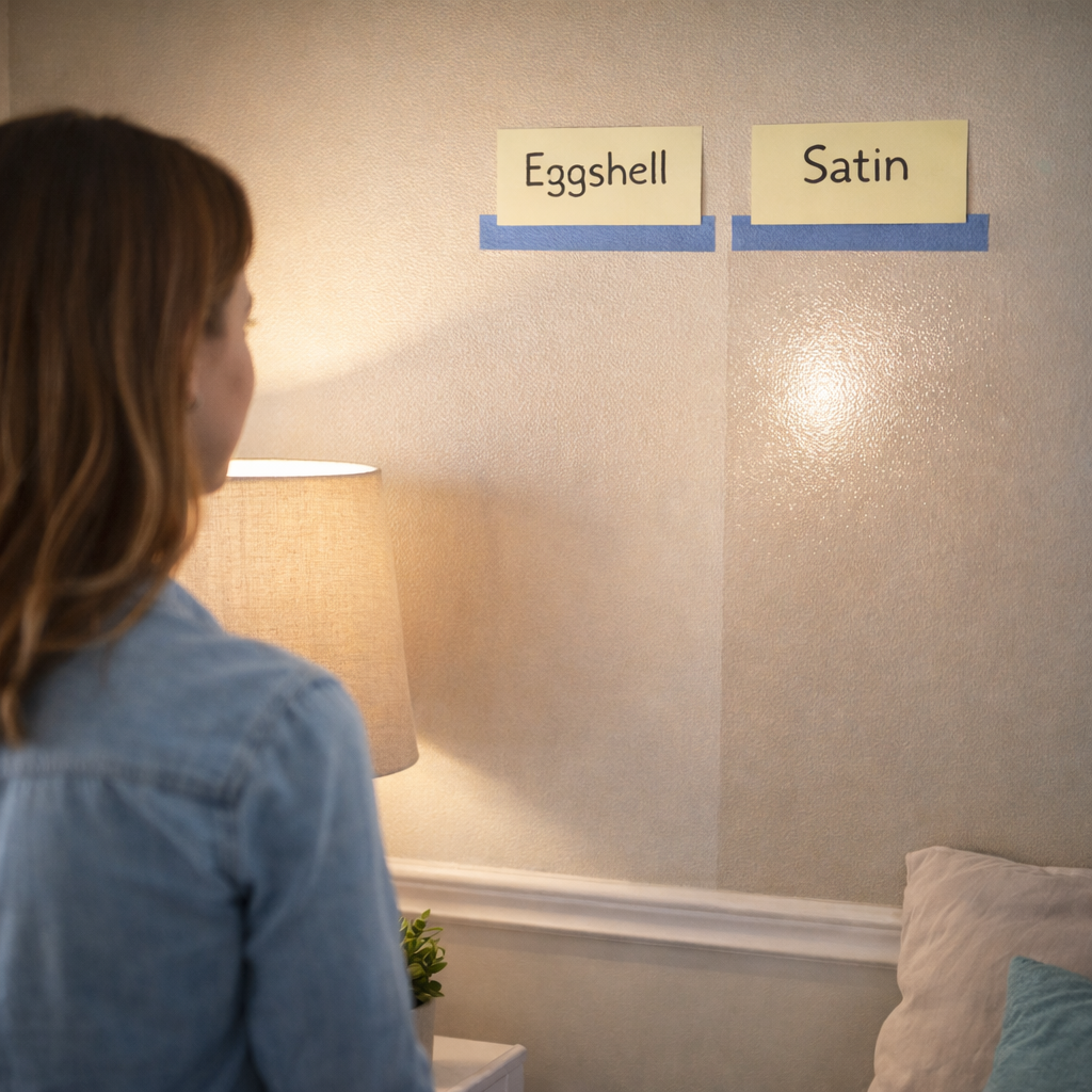 Comparison of eggshell and satin interior paint sheen showing differences in light reflection