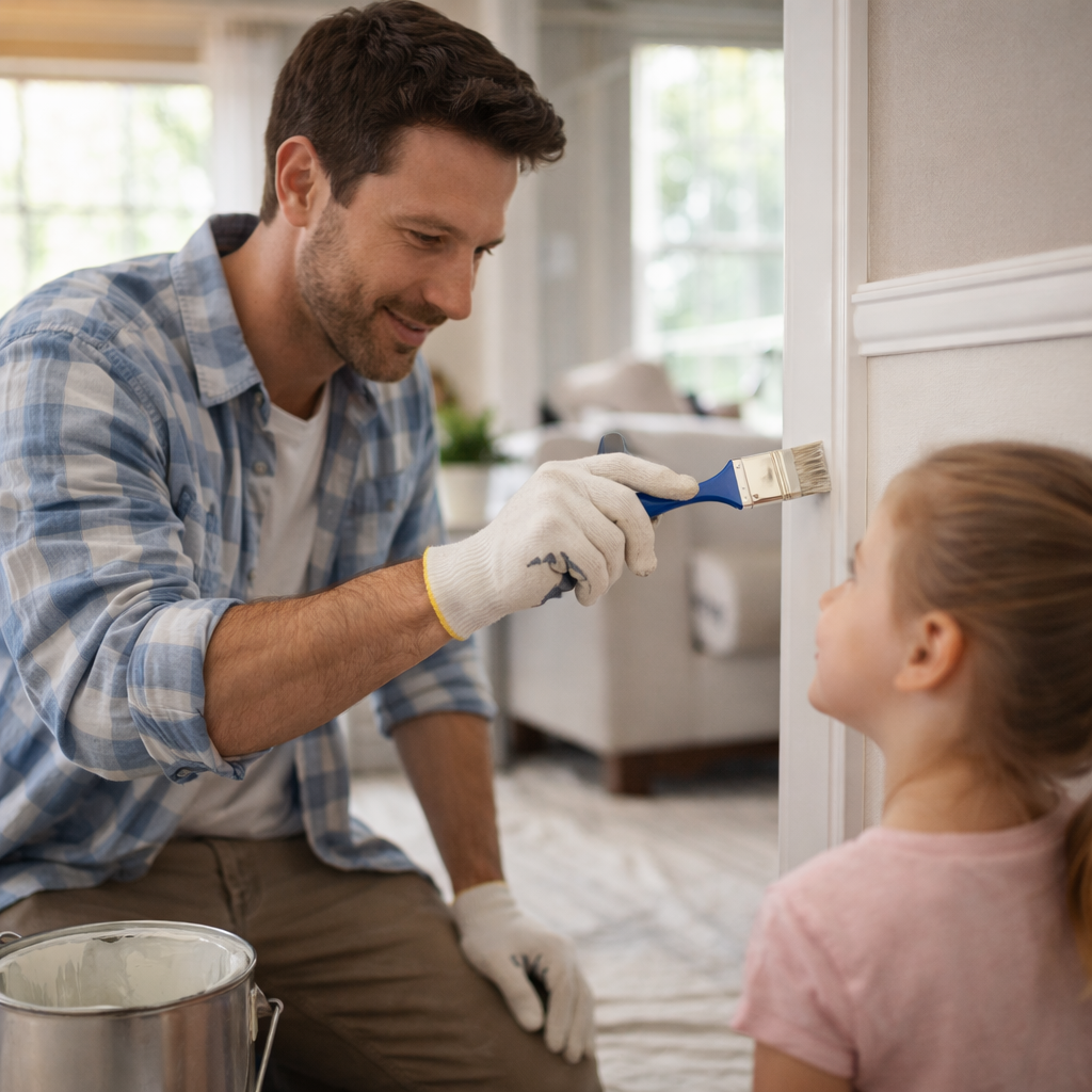 Father painting interior door trim while daughter watches during a home painting project