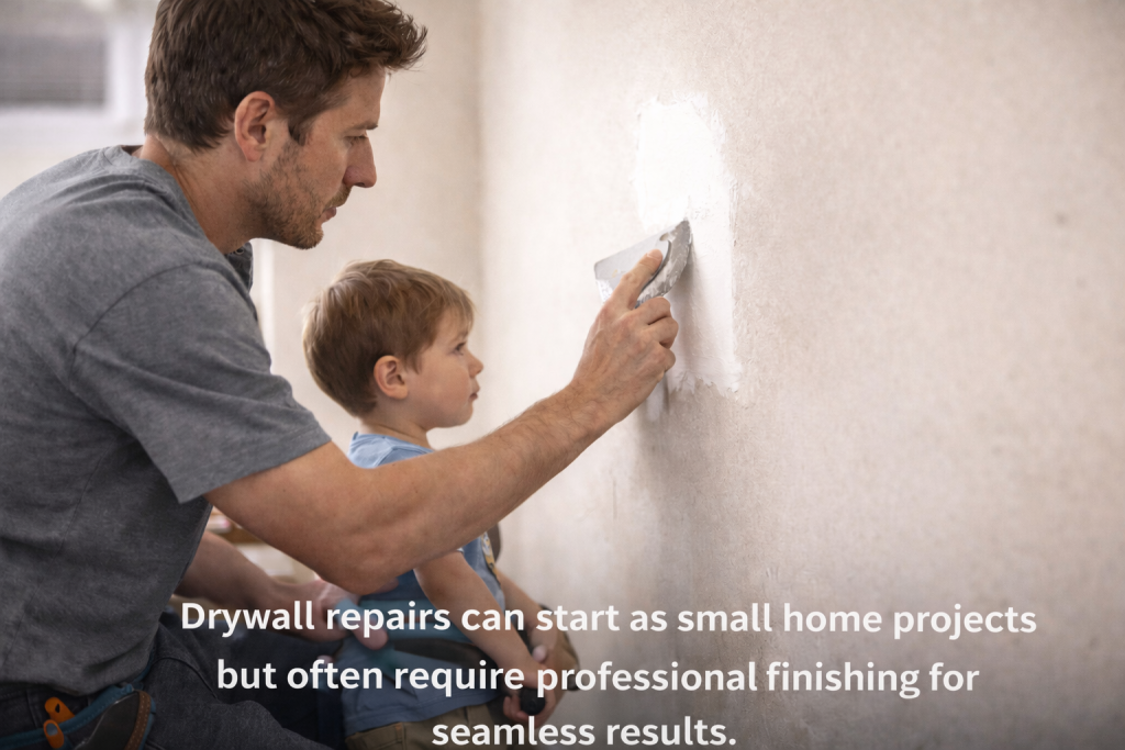 Father repairing drywall hole while child watches during home repair
