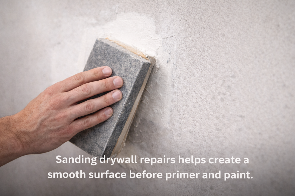 Contractor sanding drywall repair before priming and painting wall