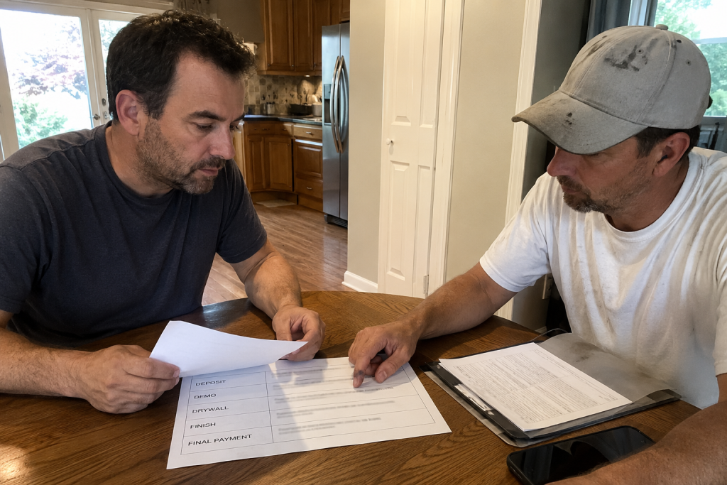 Homeowner reviewing contractor payment milestones with escrow protection during home improvement project