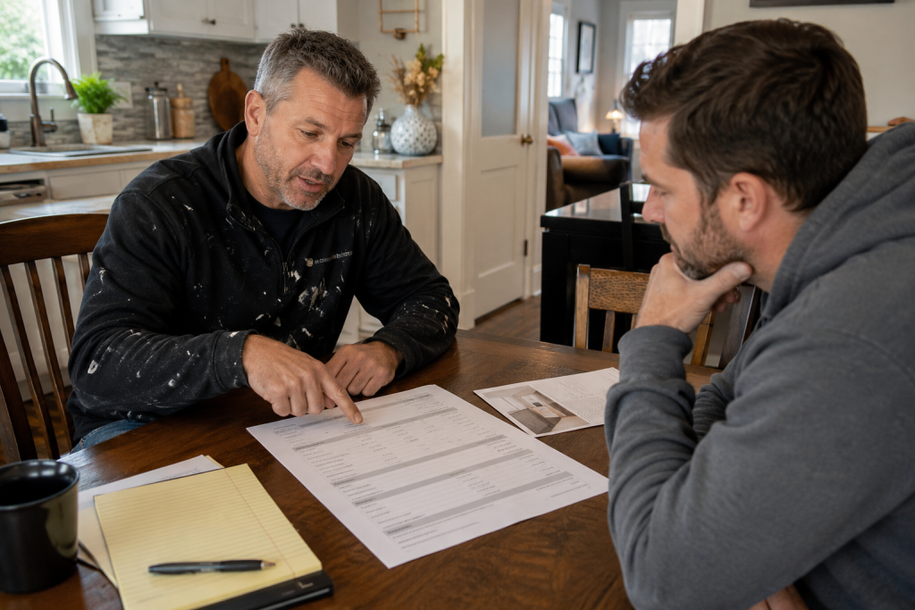 Homeowner reviewing a detailed written contractor scope of work at kitchen table before signing agreement