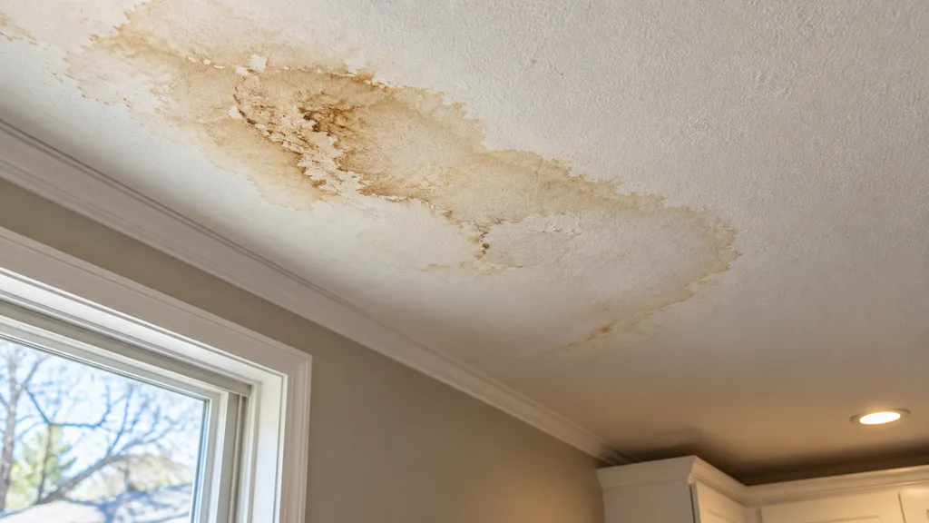 Brown water staining on a residential drywall ceiling