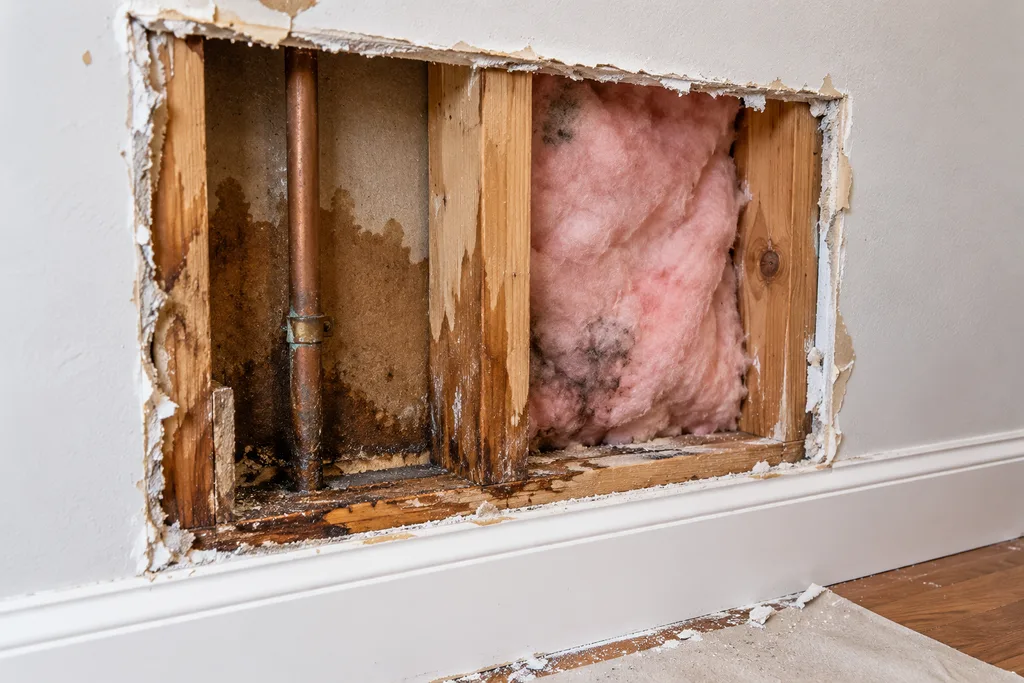 Open drywall section showing wall framing and insulation behind the finished surface